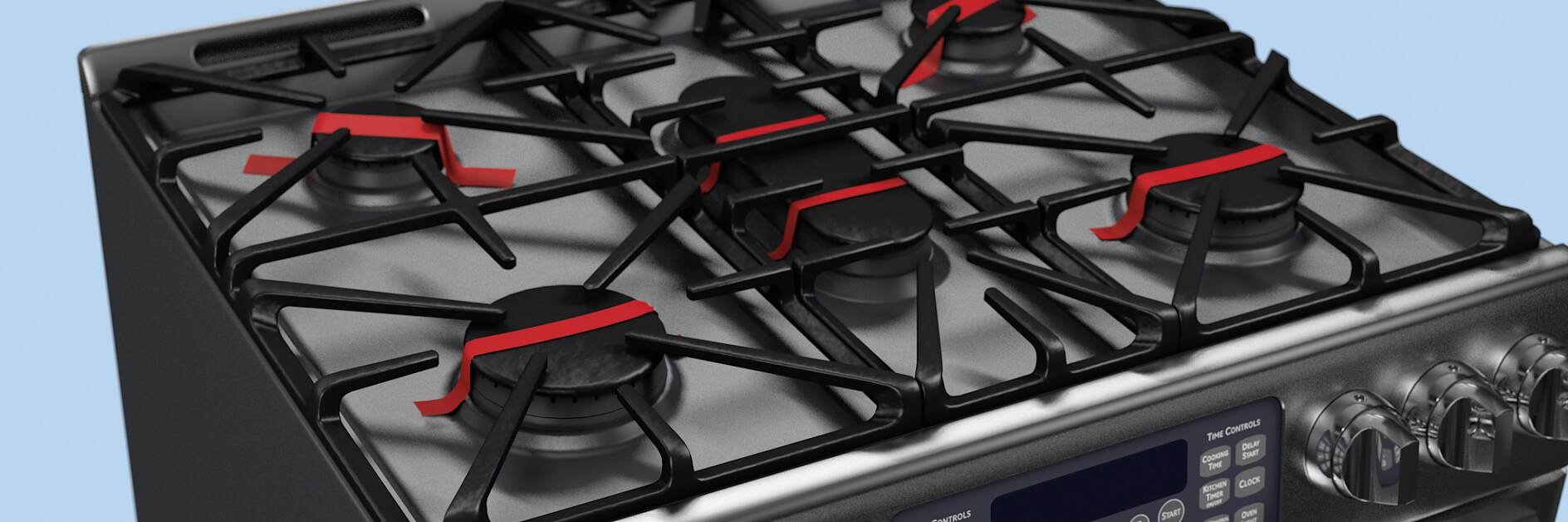 在運輸中，使用膠帶固定金屬爐灶面。