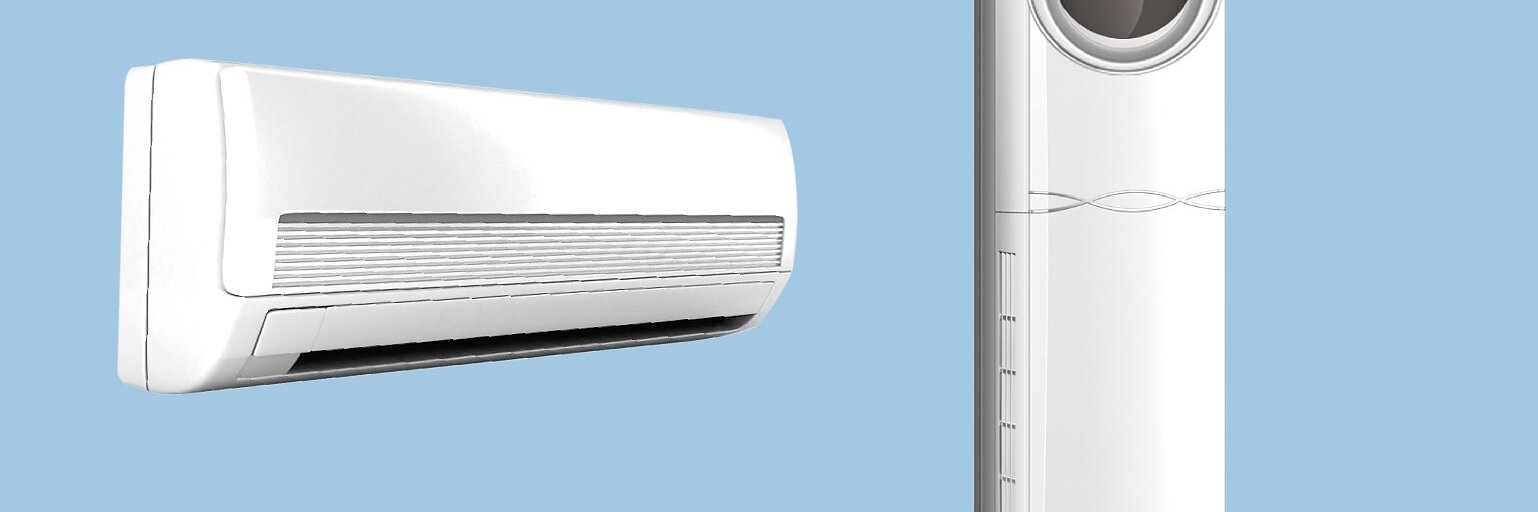Two types of air conditioning units on a light blue background. On the left is a wall-mounted split AC unit with vent slats. On the right is a tall, sleek, floor-standing air conditioner with a circular intake at the top. (This text has been generated by AI)