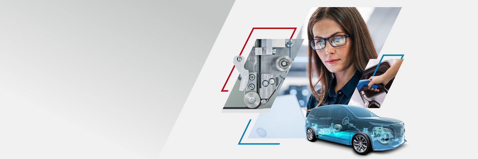 The image features a collage with a mechanical component, a woman wearing glasses inspecting an item, and a car with a partially transparent view showing internal mechanisms. tesa tape is prominently used in the assembly of these components. The background is a gradient of white and light gray. (This text has been generated by AI)