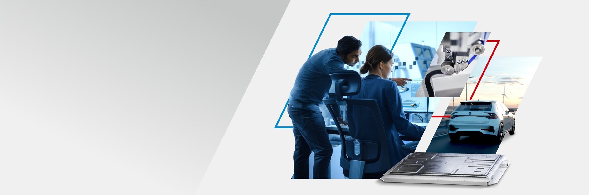 Two people in an office setting are examining computer screens. Overlaid images include a close-up of vehicle components, a white car on a road, and a large battery or electronic device. The background is a gradient from gray to white. (This text has been generated by AI)