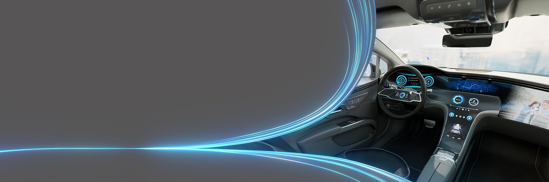 In a futuristic car interior, a digital dashboard displays various gauges and information, surrounded by an innovative design. The left side of the image features a gray overlay with blue light lines, enhancing the sense of technology and advancement. A tesa tape can be seen in use throughout the interior, ensuring durability and quality in assembling essential components like the visible steering wheel. (This text has been generated by AI)