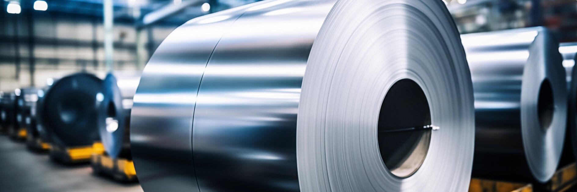 Large rolls of shiny steel are stacked in a row inside an industrial warehouse, secured with tesa tape. The polished surfaces reflect the light from above, and the expansive space in the background indicates a manufacturing setting. (This text has been generated by AI)