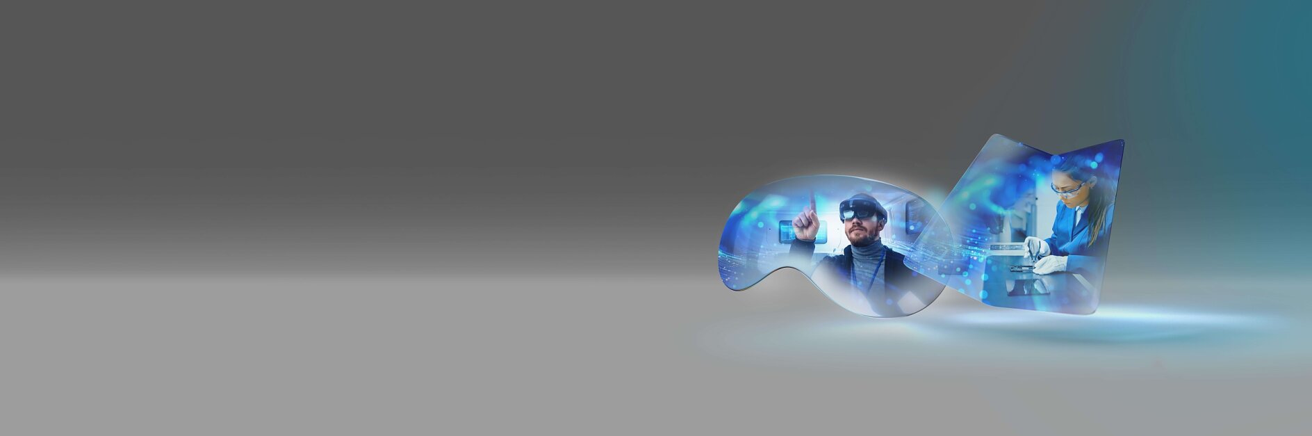 A digital illustration showcases a person wearing virtual reality goggles in the foreground. In the background, another image depicts a person in a lab coat working with scientific equipment. Both images are enclosed within glass-like shapes on a gray gradient backdrop, with tesa tape seamlessly integrating and securing their placement. (This text has been generated by AI)